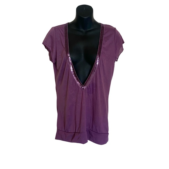 Charlotte Russe Purple Deep V-Neck Sparkle Short Sleeve Top - Picture 1 of 11